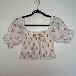 Blue Blush White Floral Smocked Puff Sleeve Crop Top Square Neck Tie Front M